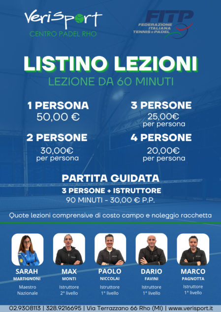 LISTINO LEZIONI PRIVATE PADEL SCUOLA PADEL RHO